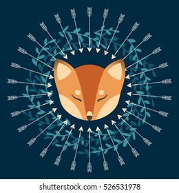 Fox surrounded by arrows poster. Vector decorative card