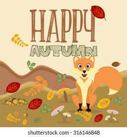 Fox surrounded by autumn leaves, mushrooms, acorns, apple with hand lettered text