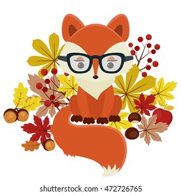 Fox surrounded by fall leaves, chestnuts, acorns and berries. Isolated over white. Beautiful autumn/fall vector illustration. Eps 10