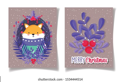 fox with sweater foliage holly berry merry christmas cards vector illustration