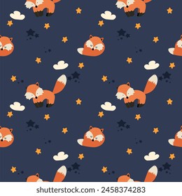 Fox sweet dream cartoon so cute. On star cloud background. Pattern seamless vector illustration. 
