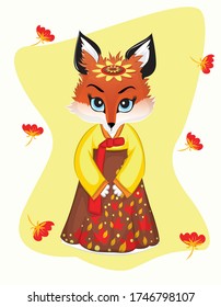 Fox t shirt illustration. Cute foxes with abstract clothes Autumn leave. childish cartoon style