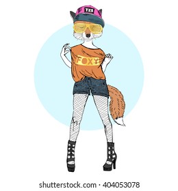 fox teen girl dressed up in swag style, furry art illustration, fashion animals