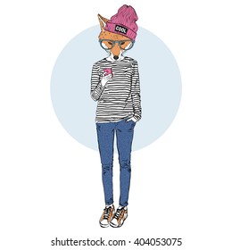 fox teen girl dressed up in urban style with mobile, furry art illustration, fashion animals