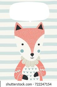 Fox with a text box in Scandinavian style. Vector illustration. Funny, cute poster.