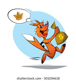 Fox thief cartoon vector illustration. Red fox running with bag of money. Animal Draw vector illustration.