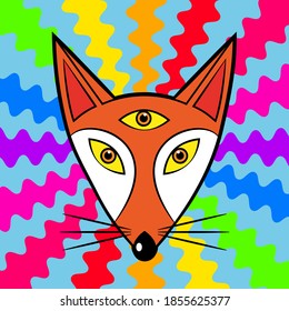 Fox with three eyes on the background of colorful waves