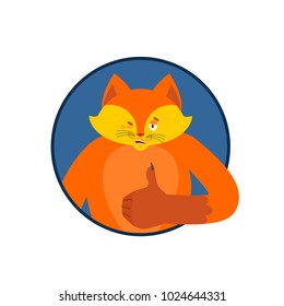 Fox thumbs up and winks. Wild beast happy emoji. she-fox Vector illustration