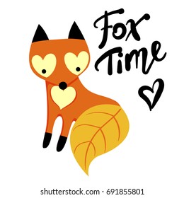 Fox time t shirt illustration. Cute foxes with abstract tail like Autumn leave, and lettering composition, heart. childish cartoon style