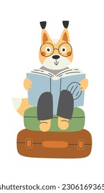Fox Tourist Sitting On Suitcases Vector Illustration
