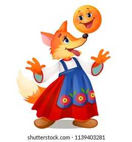 Fox in traditional Russian dress, and a smiling the bun isolated on white background. Characters of Russian fairy tales. Vector cartoon close-up illustration.