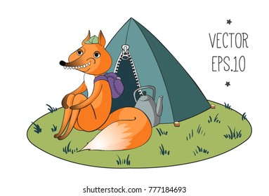 Fox traveller, cartoon character vector design. camping, Hiking, travel, adventure, island, forest, camping. illustration print