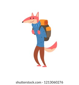 Fox travelling with backpack, cute cartoon animal having hiking adventure travel or camping trip vector Illustration on a white background