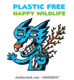 Fox with Tree Branc. Fox. Tree Branch. Plastic Free. Zero Waste. Happy Wild Life. Cartoon Fox with Tree Branch on white background isolated. Stock Vector Illustration. Cartoon style.