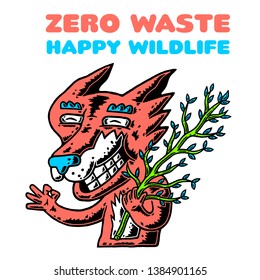 Fox. Tree Branch. Fox with Tree Branch. Plastic Free. Zero Waste. Happy Wild Life. Cartoon Fox with Tree Branch on white background isolated. Stock Vector Illustration. Cartoon style.
