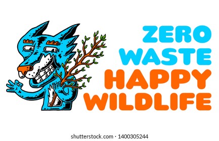 Fox. Tree Branch. Fox with Tree Branch. Plastic Free. Zero Waste. Happy Wild Life. Cartoon Fox with Tree Branch on white background isolated. Stock Vector Illustration. Cartoon style.