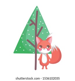 fox with tree and snow merry christmas vector illustration