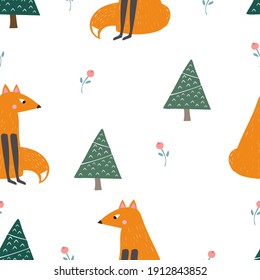 Fox Trees Forest Seamless Pattern Vector. Kids Nursery Textile Wallpaper Design. Nature Ecological Earth Day. For clothes t-shirt stationary design. Berries Evergreen. 