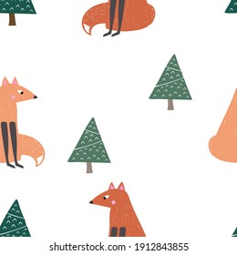 Fox Trees Forest Seamless Pattern Vector. Kids Nursery Textile Wallpaper Design. Nature Ecological Earth Day. For clothes t-shirt stationary design. Berries Evergreen. 
