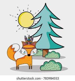 fox tribal animal with pine and bushes