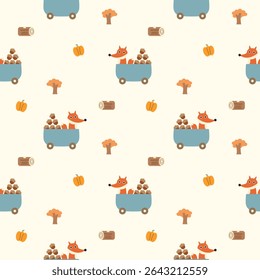 Fox truck acorn cartoon so cute. On tree pumpkin log background. Pattern seamless vector illustration. 