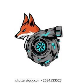 Fox and turbocharger mascot logo, cartoon style vector illustration, aggressive orange fox with grey engine turbo and neon blue accent, automotive speed and performance symbol, modern and futuristic 