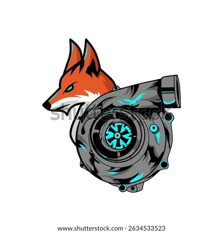 Fox and turbocharger mascot logo, cartoon style vector illustration, aggressive orange fox with grey engine turbo and neon blue accent, automotive speed and performance symbol, modern and futuristic 