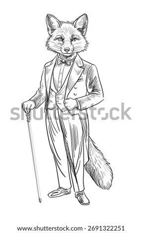 Fox in a tuxedo with a cane. Vector illustration