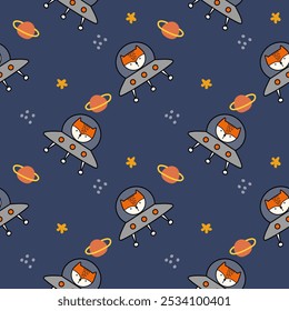 Fox em ufo cartoon tão fofo. Na estrela Saturno fundo azul. Ilustração de vetor uniforme de padrão. 