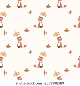 Fox and umbrella cartoon so cute. On cloud tree background. Pattern seamless vector illustration. 