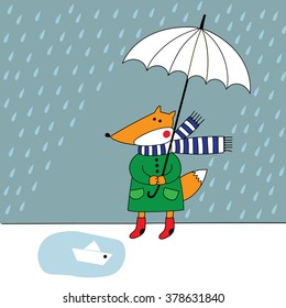 fox with umbrella in the rain