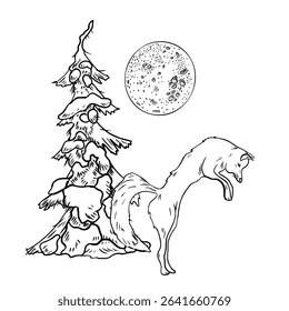 Fox under moon among snowy fir trees hand drawn black white outline vector. Winter forest scene with wild animal monochrome sketch for woodland Christmas illustrations and rustic New Year prints.