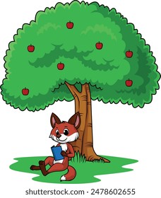 Fox under tree reading book vector illustration