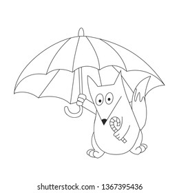 Fox is under an umbrella. Coloring book. vector illustration