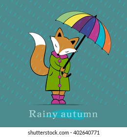 Fox under an umbrella. Rainy autumn. Walk under the rain. Children's drawing with a fox in a coat. Autumn postcard