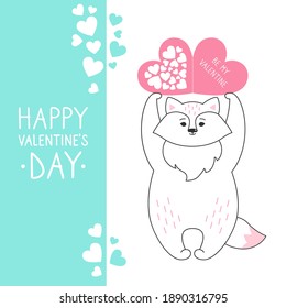 Fox with valentine heart card, background Happy Valentines Day greeting card. Draw doodle cartoon style. Romantic banner cute forest fox. Design for print, about love hearts vector illustration