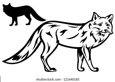 fox vector illustration - black outline and silhouette