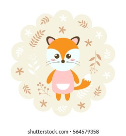 fox. vector illustration cartoon , mascot. funny and lovely design. cute animal on a floral background. little animal in the children's book character style.