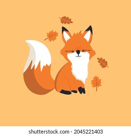 Fox vector illustration. Cute fox with tree foliage, composition with a cute fox. Oak and maple leaves, and wild animals. Vector illustration. For children's printing.