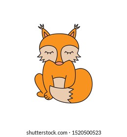 Fox vector illustration. Hand drawn outlined cute forest animal, ginger fox sitting with tail in front. Isolated graphic icon, cartoon character.