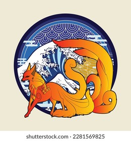 fox vector illustration with japanese background