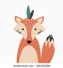 Fox. Vector illustration in Scandinavian style with forest animals for printing on fabric, dishes, clothes, postcards, stickers. Cute baby background.