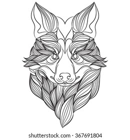 Fox vector illustration.Hand-drawn pattern with waves (hair). Abstract animal portrait.