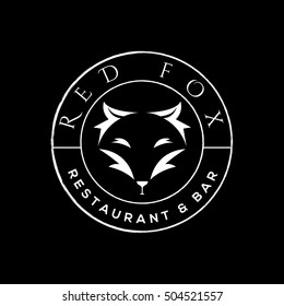 Fox vector logo design template, universal logo concept for restaurant and bar.Geometric fox with wine glass. White fox stamp on black background.