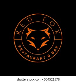 Fox vector logo design template, universal logo concept for restaurant and bar. Geometric fox with wine glass. Orange fox stamp on black background.