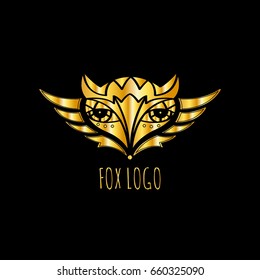 Fox vector logo.Fox head Vector Logo template (sign, symbol, emblem, icon, tattoo). Tribal art style fox logo. Bohemian style fox vector. Luxury gold logo.