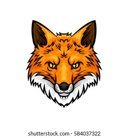 Fox vector mascot icon. Head and muzzle or snout of red or yellow fox animal with green eyes and fur. Isolated emblem design for sport team, hunting adventure trip club or tattoo sign