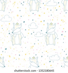 Fox. Vector seamless pattern with cute animals in scandinavian hand-drawn style in space background.