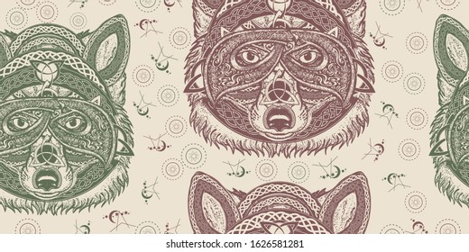 Fox viking in the celtic style. Seamless pattern. Packing old paper, scrapbooking style. Vintage background. Medieval manuscript, engraving art. North wolf 