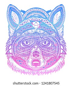 Fox viking in the celtic style, tattoo art. Wolf t-shirt design. Animals in ethnic style
